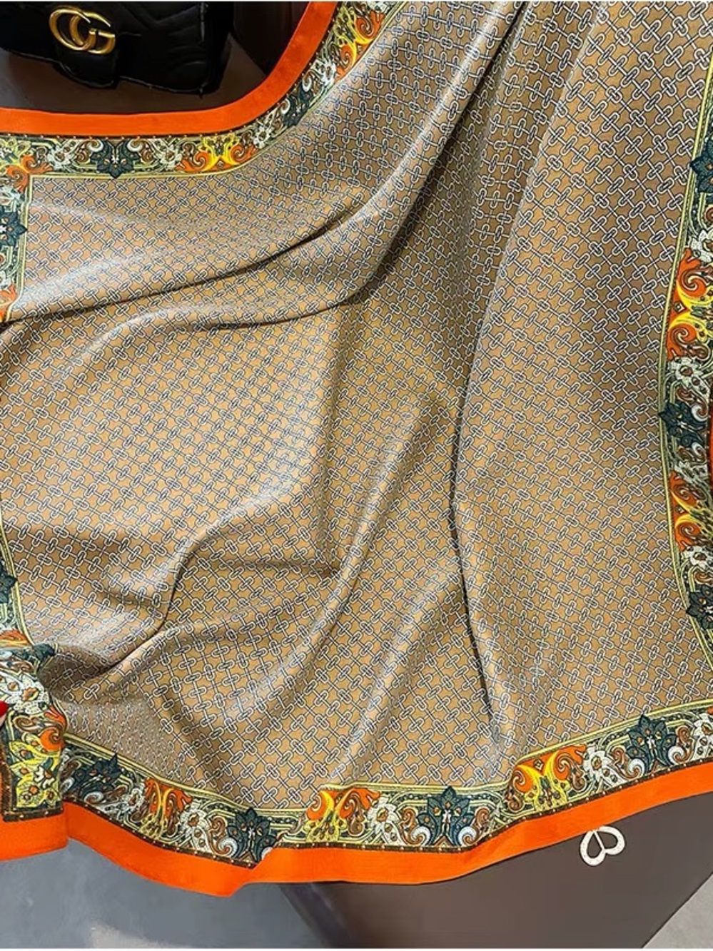 Wool Scarf with Orange Border and Intricate Print